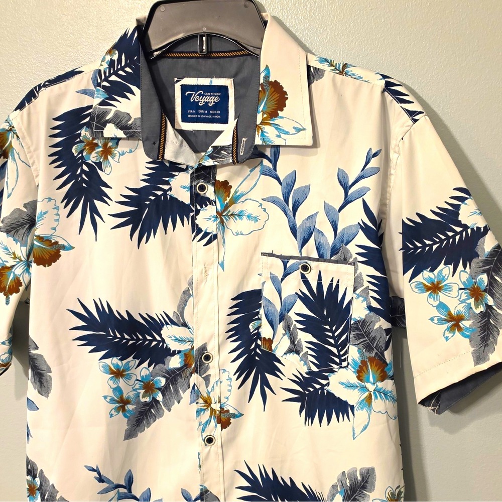 Craft + Flow Voyage Men's Woven Polyester Button-Up Floral Pockets M White #357